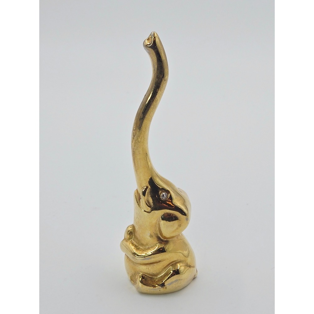 Brass Elephant Figurine Long Trunk Up Rhinestone Eyes Ring Holder 4"